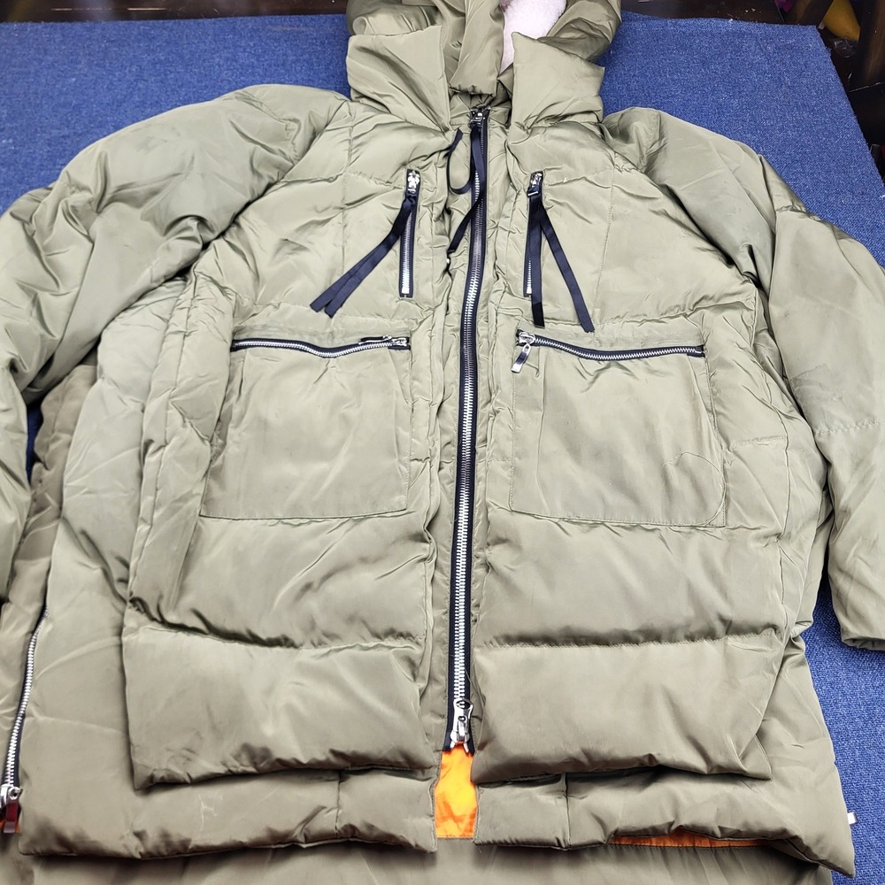 Artter Orolay Olive Green Down Puffer Parka Sherpa Hood Utility Zip Jacket 2XL